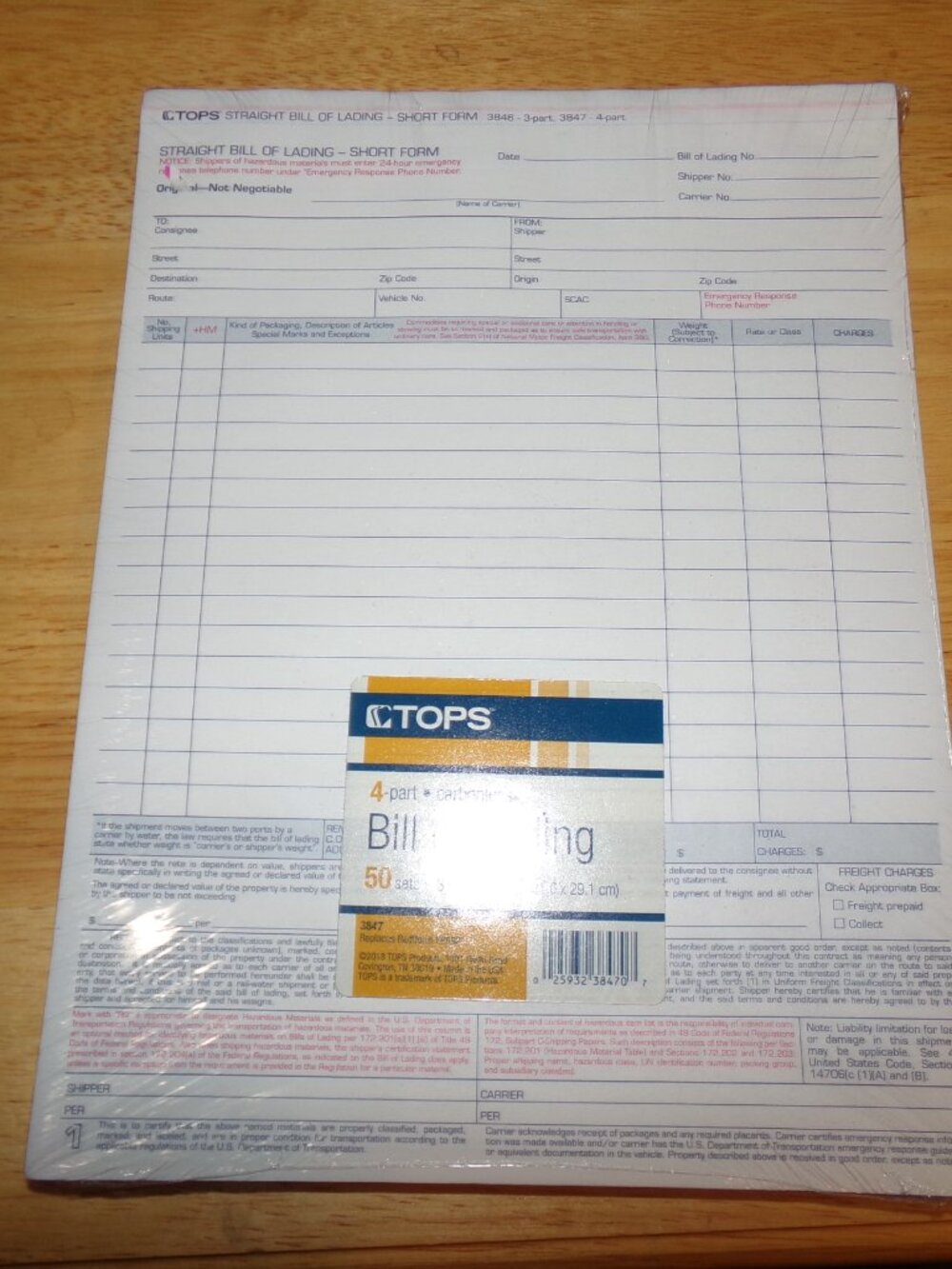 TOPS Office Supplies Bill of Lading Carbonless 4-part 50 set 8
